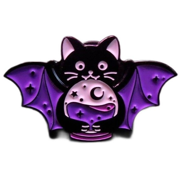 1 cute Witchy bat cat enamel Pin, Halloween,  crystal ball - Picture 1 of 3